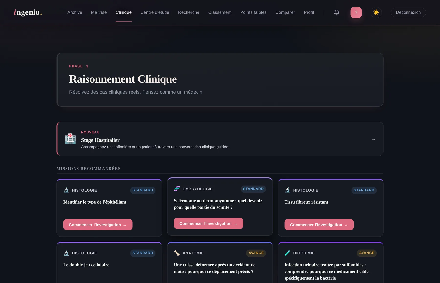 Aper&ccedil;u des missions cliniques sur Ingenio