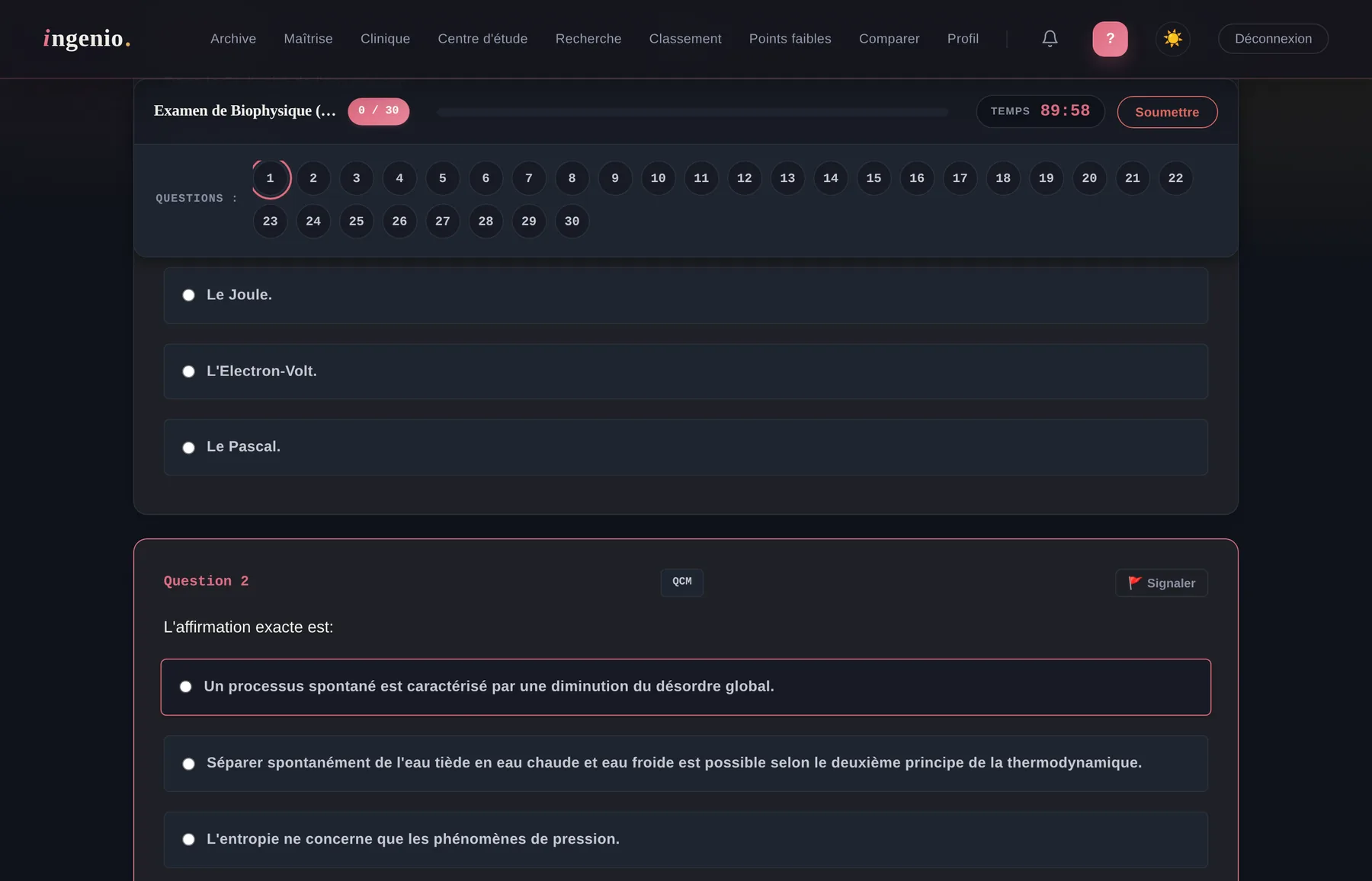 Aper&ccedil;u d'une question d'examen sur Ingenio